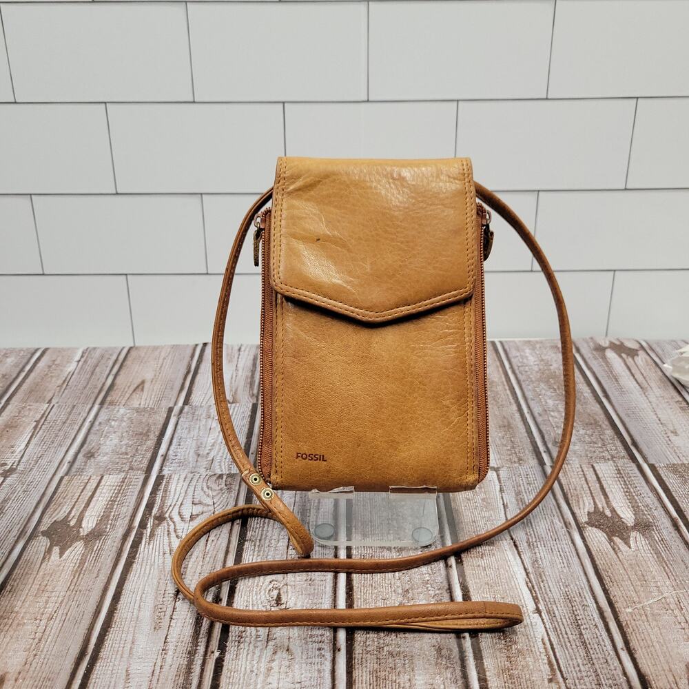 Fossil Tan Brown Leather Crossbody Purse Shoulder Bag Wallet Organizer Multi Zip